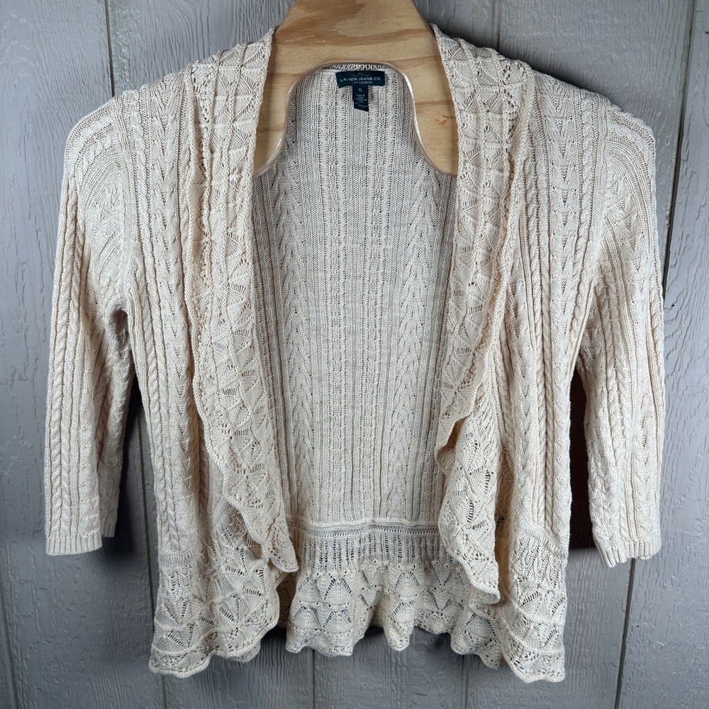 Ralph Lauren Jeans Co Cardigan Womens XL Cream Open Front Ruffle Crochet Cottage